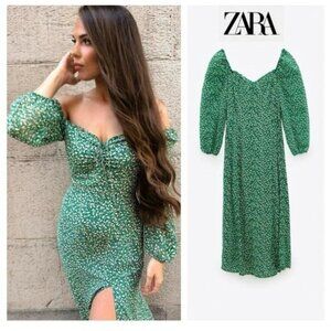Zara Women dress Long Floral Shirt Dress casual light fabric Green SIZE XL
